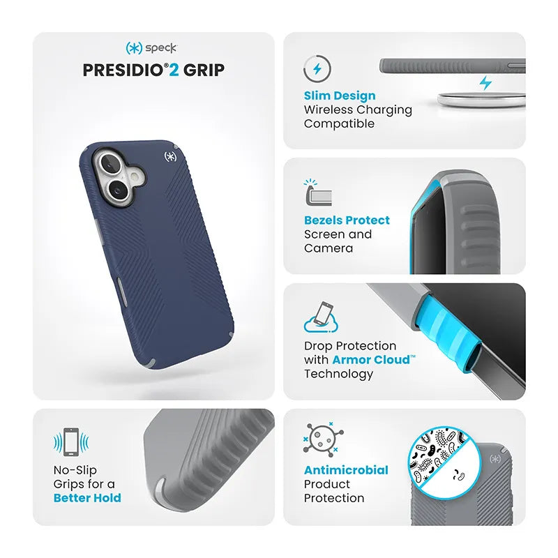 Speck Presidio2 Grip – dėklas iPhone 16 (Coastal Blue / Dust Gray / White)