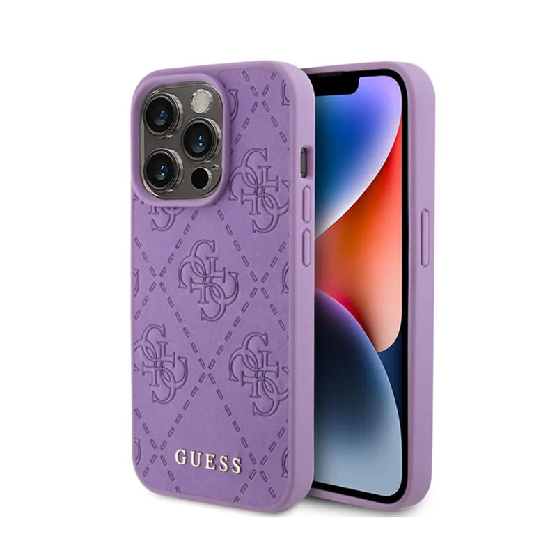 Guess Leather 4G Stamped – dėklas iPhone 15 Pro (violetinis)