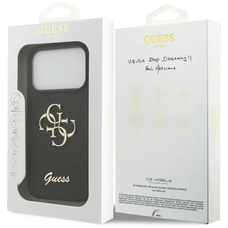 Guess Fixed Glitter Big 4G - Dėklas iPhone 17 Pro (juodas)