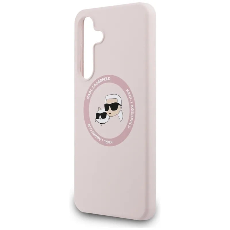 Karl Lagerfeld Silicone Karl & Choupette Heads MagSafe – dėklas Samsung Galaxy S25 FE (rožinis)