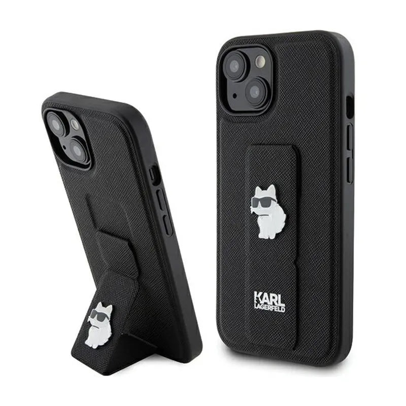 Karl Lagerfeld Gripstand Saffiano Choupette Pins – dėklas iPhone 15 telefonui (juodas)