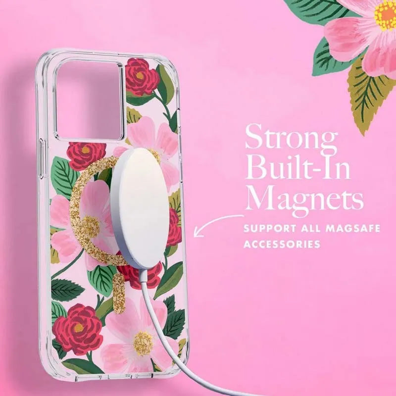 Rifle Paper Clear MagSafe – auksu puoštas dėklas, skirtas „iPhone 14 Pro Max“ (Rose Garden)