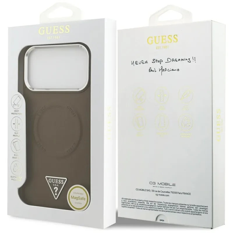 Guess Triangle Logo MagSafe – dėklas iPhone 17 Pro (rudas)