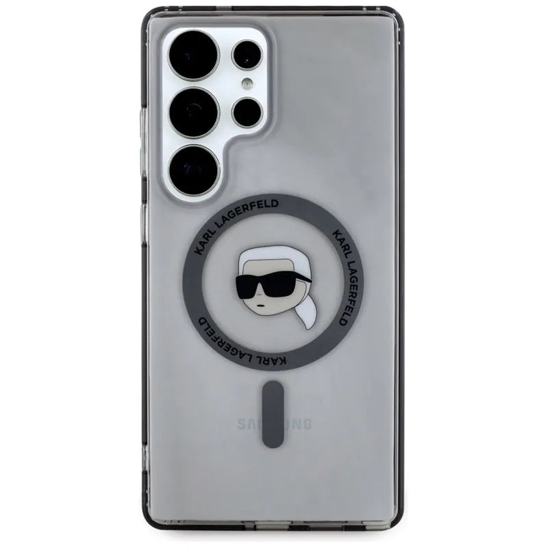 Karl Lagerfeld Button Karl Head Printed Logo MagSafe – dėklas Samsung Galaxy S25 Ultra (juodas)