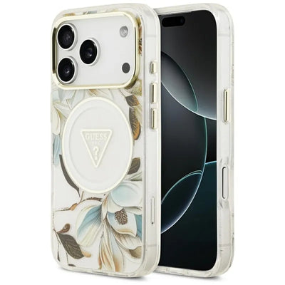 Guess IML Glitter Flowers Triangle MagSafe – dėklas iPhone 17 Pro (baltas)
