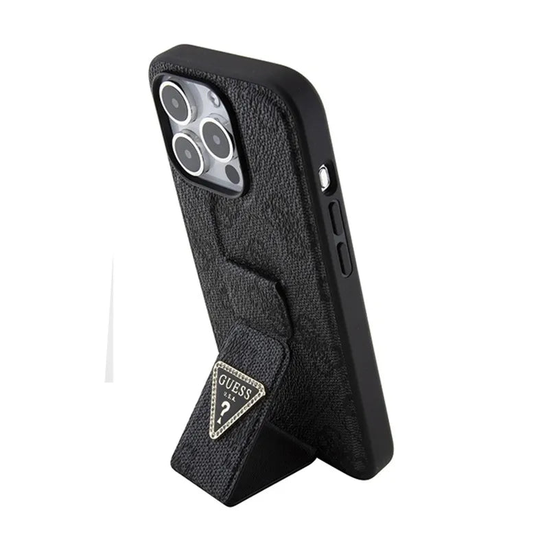Guess Grip Stand 4G Triangle Strass Logo – dėklas iPhone 15 Pro telefonui (juodas)