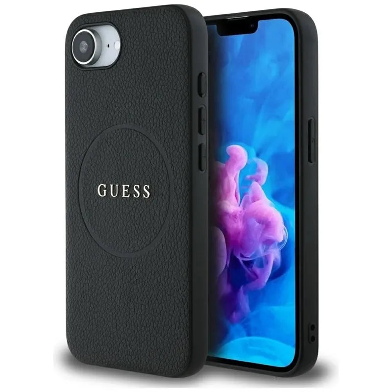 Guess Grained Ring MagSafe – dėklas iPhone 16e (juodas)