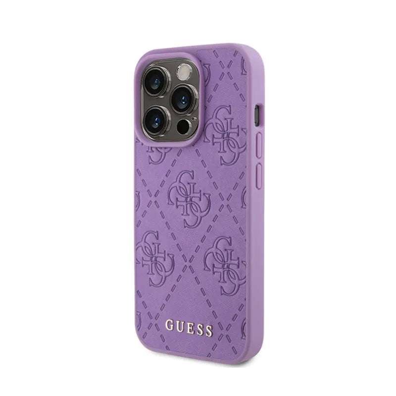Guess Leather 4G Stamped – dėklas iPhone 15 Pro (violetinis)