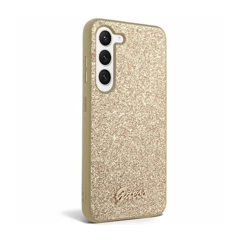 Dėklas Guess Glitter Flakes Metal Logo – dėklas Samsung Galaxy S24+ (auksinis)