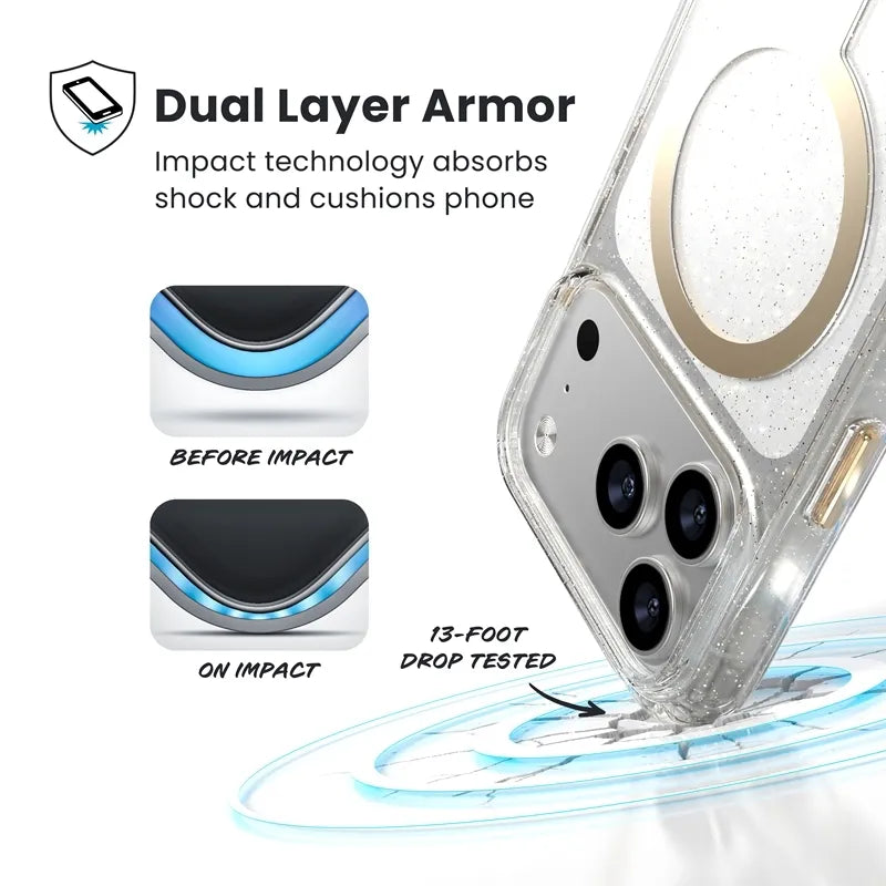 Speck Presidio Lux MagSafe – dėklas iPhone 17 Pro (Blizgučiai / Auksinė metalo spalva)