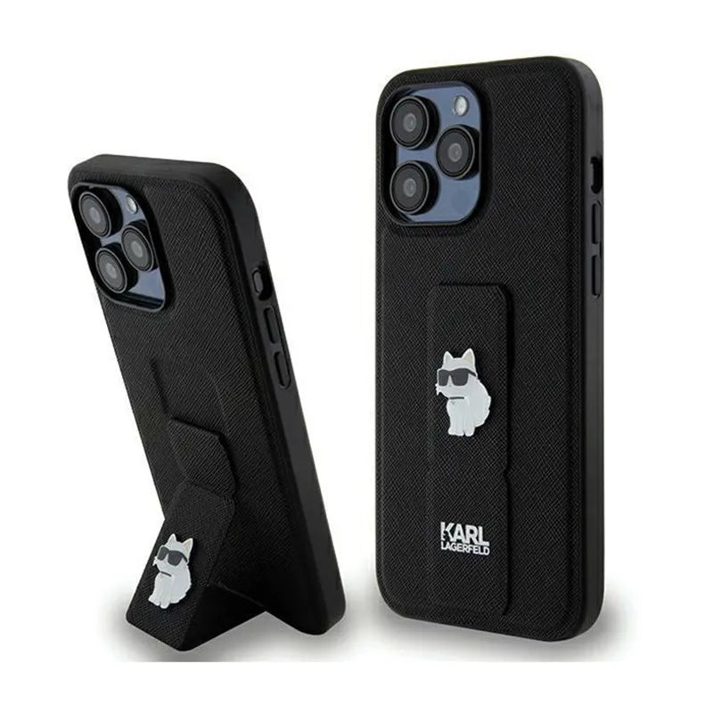 Karl Lagerfeld Gripstand Saffiano Choupette Pins – dėklas iPhone 13 Pro Max telefonui (juodas)