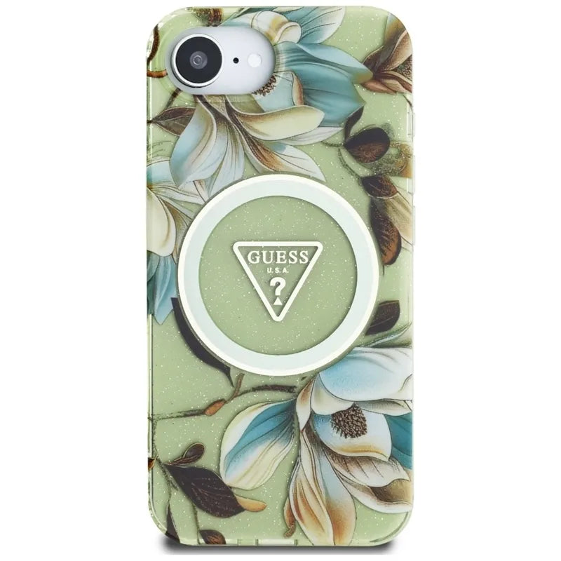 Guess IML Metal Glitter Flowers Triangle MagSafe – dėklas iPhone 16e telefonui (žalias)