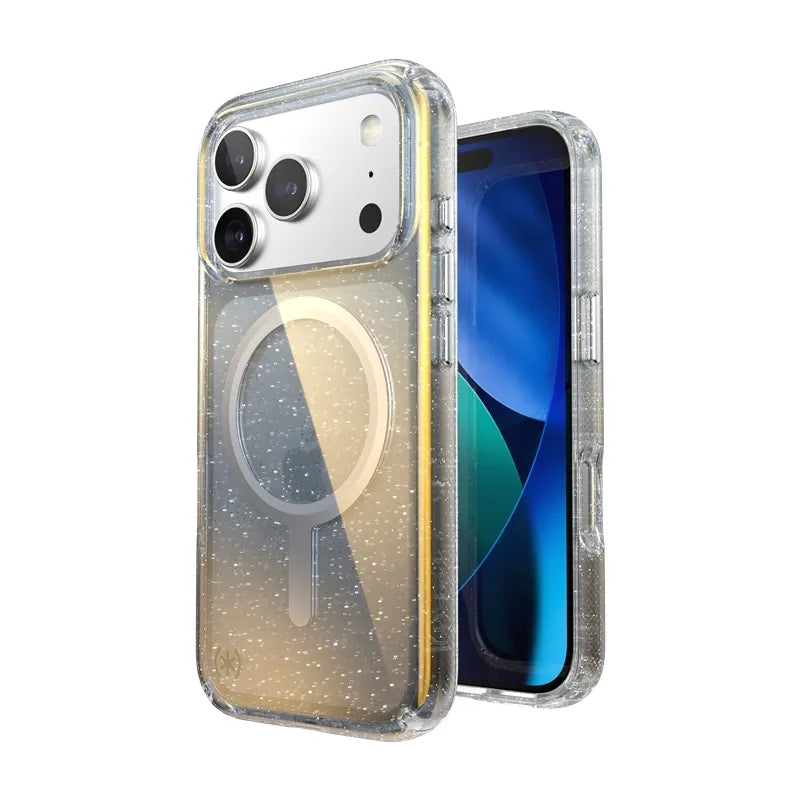 Speck Presidio Lux MagSafe – iPhone 17 Pro dėklas (Hyper Mirror Glitter / Silver Metallic)