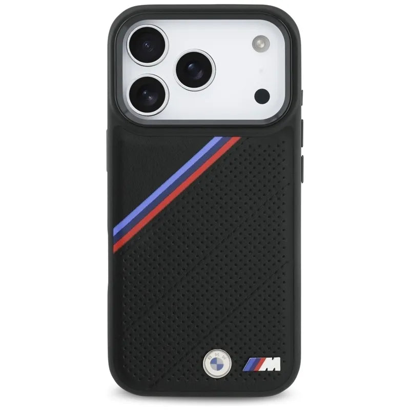 BMW M Tricolor Metal Logo MagSafe – „iPhone 17 Pro“ dėklas (juodas)