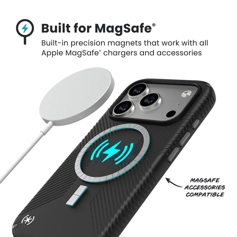 Speck Presidio2 Grip MagSafe – dėklas iPhone 17 Pro (juodas / skalūno pilka / baltas)