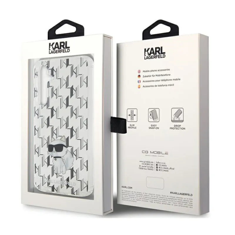 Karl Lagerfeld Monogram Choupette – dėklas Samsung Galaxy S23 FE (skaidrus)
