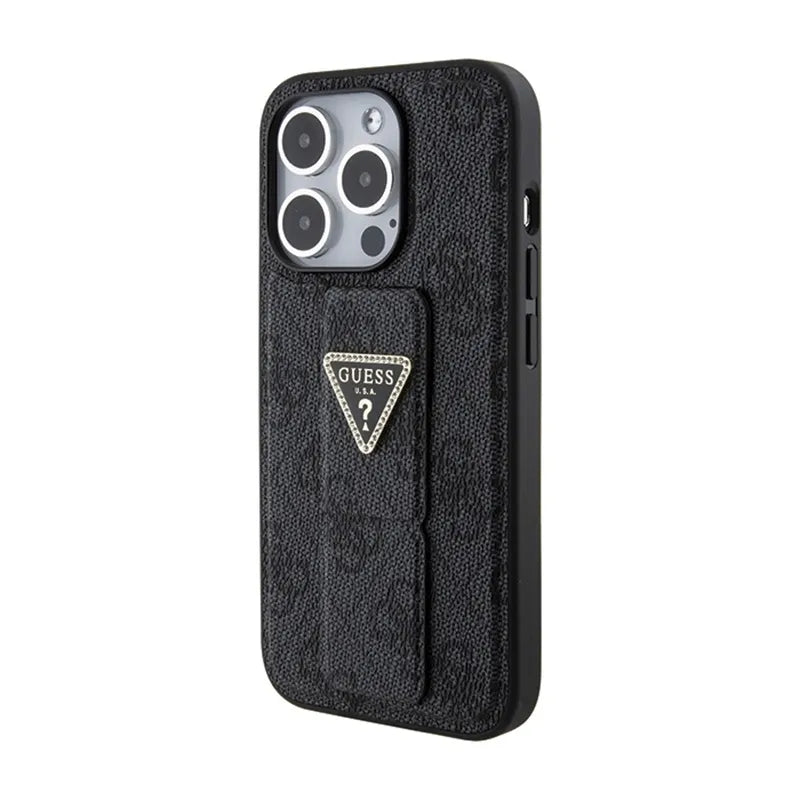 Guess Grip Stand 4G Triangle Strass Logo – dėklas iPhone 15 Pro telefonui (juodas)
