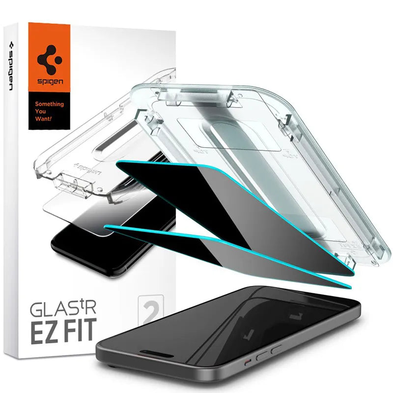 Spigen GLAS.TR EZ FIT Privacy 2-Pack – grūdintas stiklas su privatumo filtru, skirtas iPhone 15 / 16, 2 vnt.