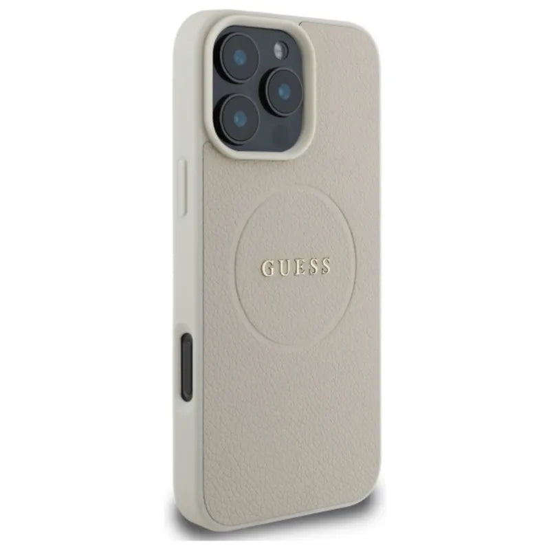 Guess Grained Ring MagSafe – Dėklas iPhone 16 Pro Max (smėlio spalvos)