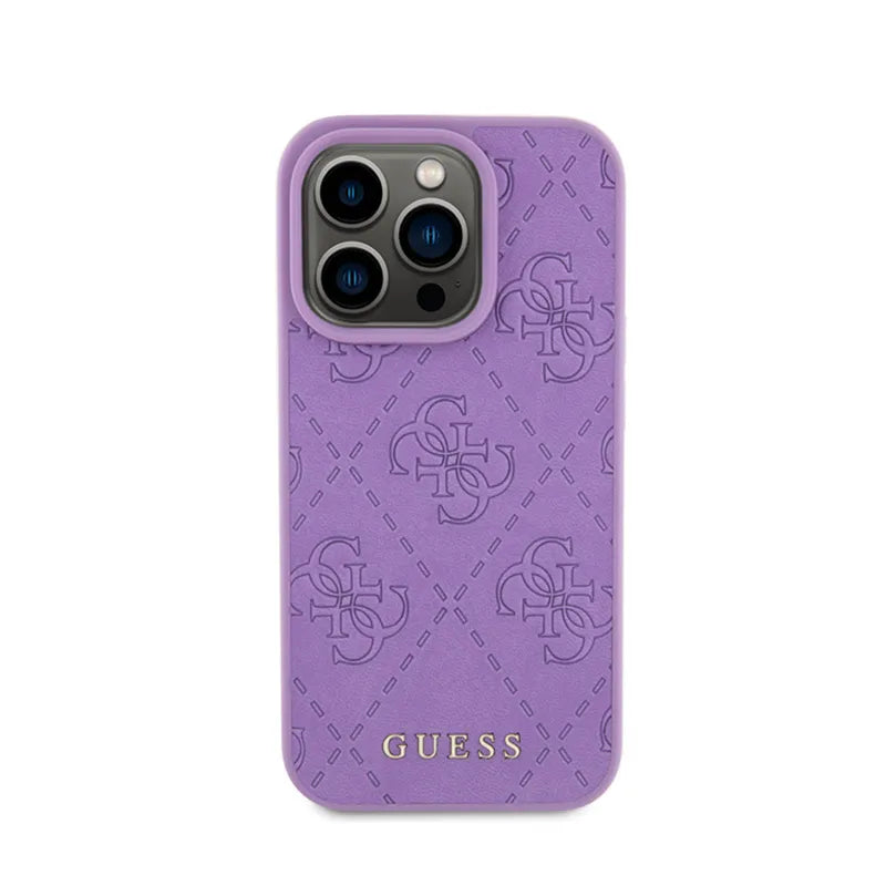 Guess Leather 4G Stamped – dėklas iPhone 15 Pro (violetinis)
