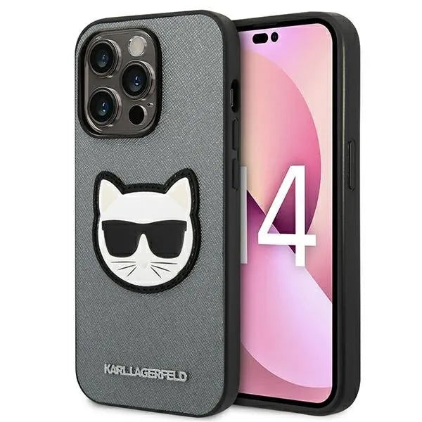 Karl Lagerfeld Saffiano Choupette Head Patch dėklas – dėklas iPhone 14 Pro Max (sidabrinis)