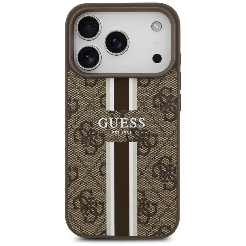 Guess 4G Printed Stripes MagSafe – Dėklas iPhone 17 Pro (rudas)