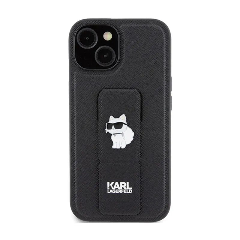 Karl Lagerfeld Gripstand Saffiano Choupette Pins – dėklas iPhone 15 telefonui (juodas)