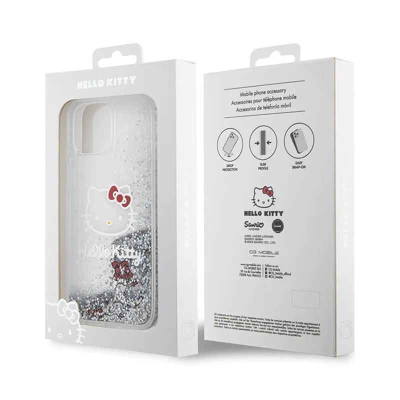 Hello Kitty Liquid Glitter Charms Kitty Head – dėklas iPhone 15 (sidabrinis)