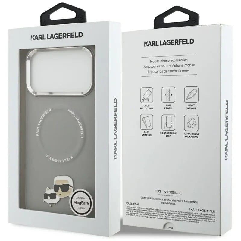 Karl Lagerfeld Karl & Choupette Pins MagSafe – dėklas, skirtas iPhone 17 Pro (pilkas)