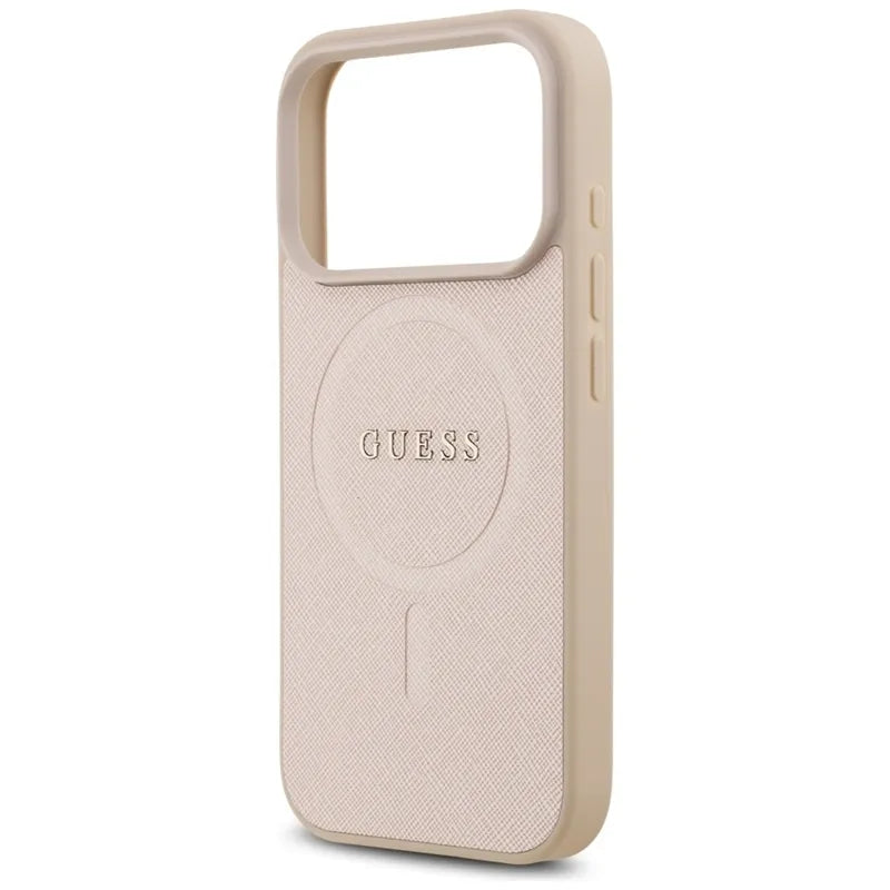 „Guess Saffiano Classic Logo MagSafe“ – dėklas „iPhone 17 Pro“ (rožinis)
