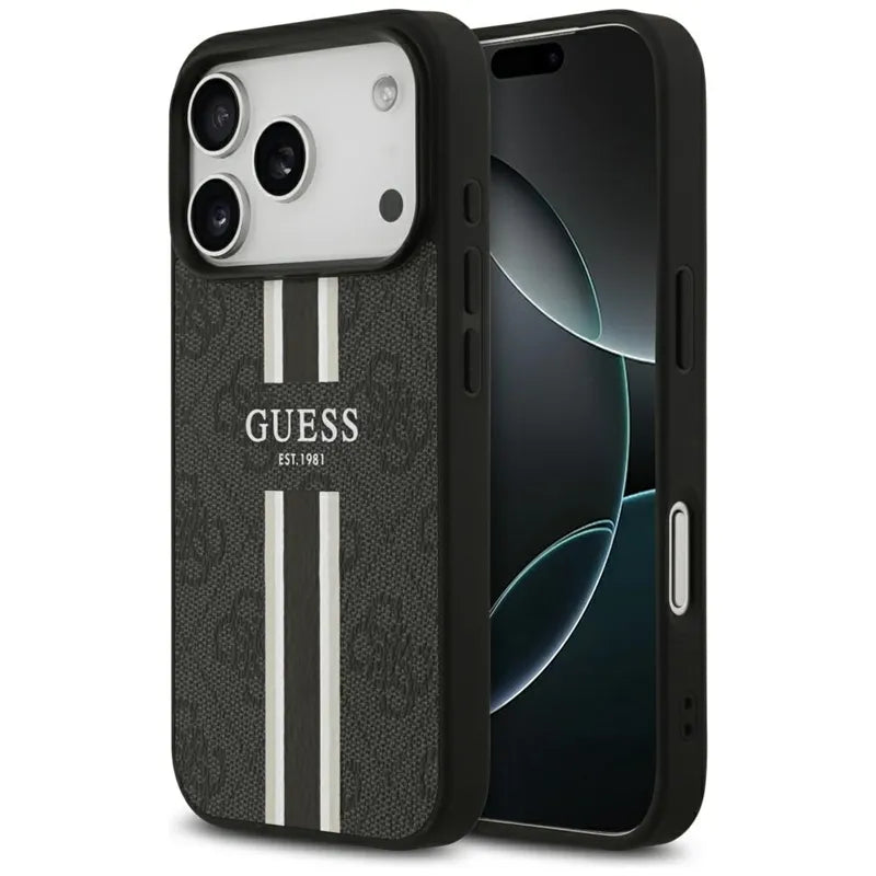 Guess 4G Printed Stripes MagSafe – dėklas iPhone 17 Pro (juodas)