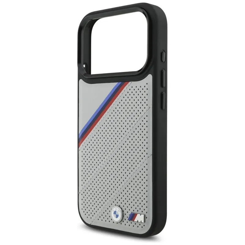 BMW M Tricolor Metal Logo MagSafe – iPhone 17 Pro dėklas (pilkas)