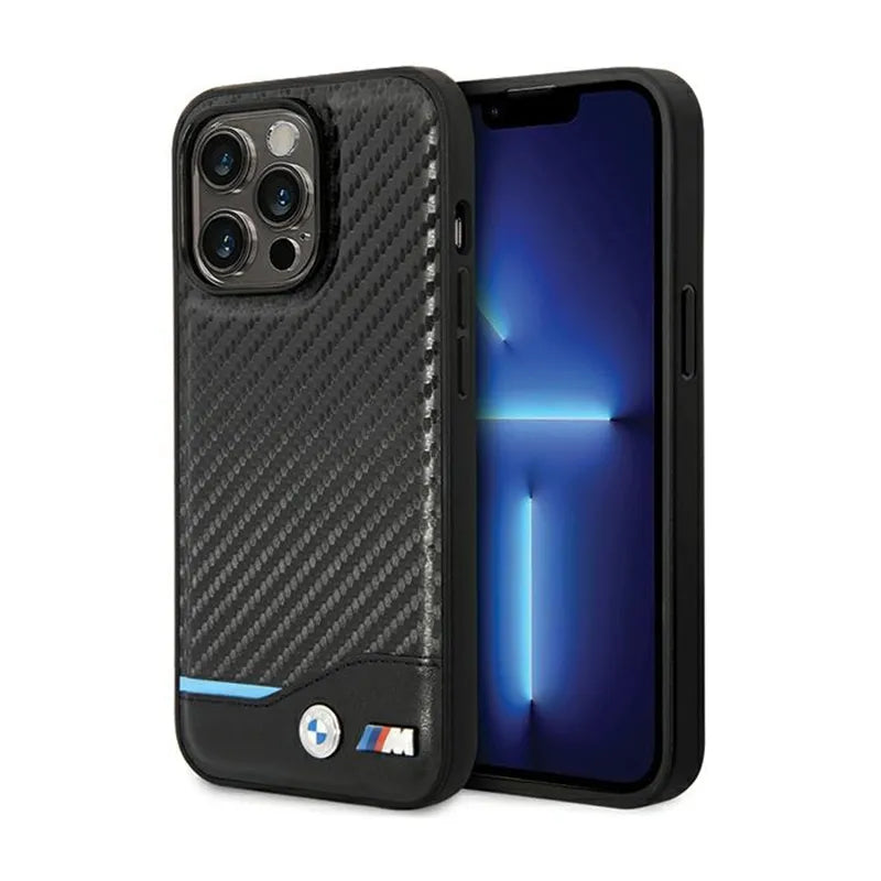 BMW Leather Carbon Blue Line – dėklas iPhone 13 Pro Max (juodas)