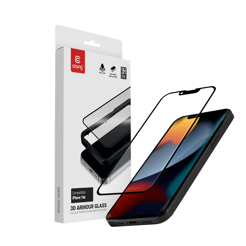Crong 3D Armor Glass – grūdintas stiklas iPhone 17e / 16e / 14 / 13 / 13 Pro + montavimo rėmelis