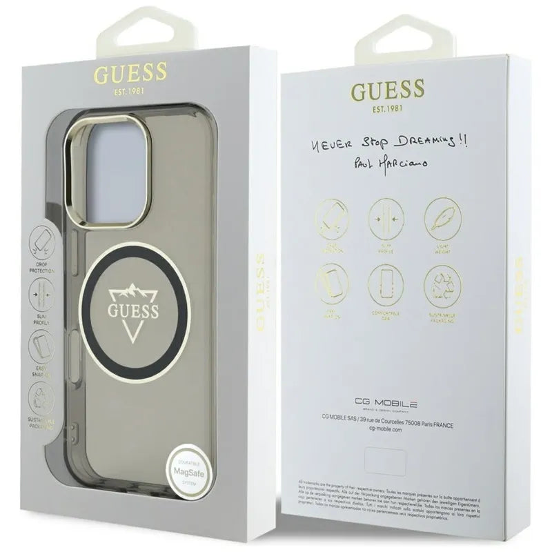 Guess IML Metal Mountain Logo MagSafe - Dėklas iPhone 16 Pro (juodas)