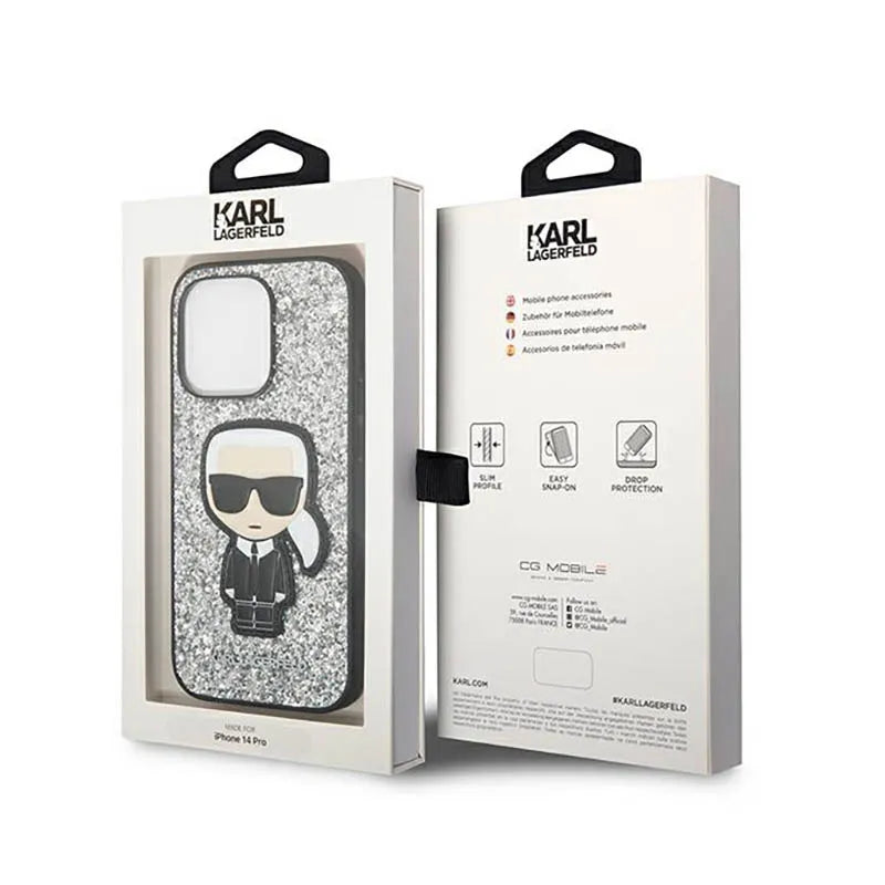 Karl Lagerfeld Glitter Flakes Ikonik – dėklas iPhone 14 Pro Max (sidabrinis)