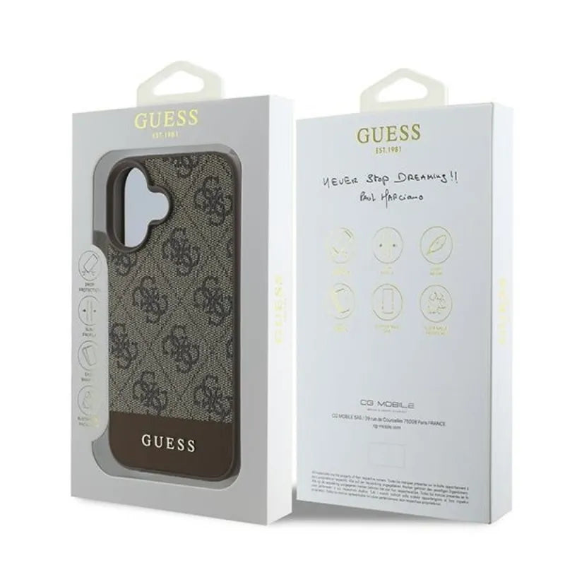 Guess 4G Bottom Stripe – dėklas iPhone 16 Plus (rudas)