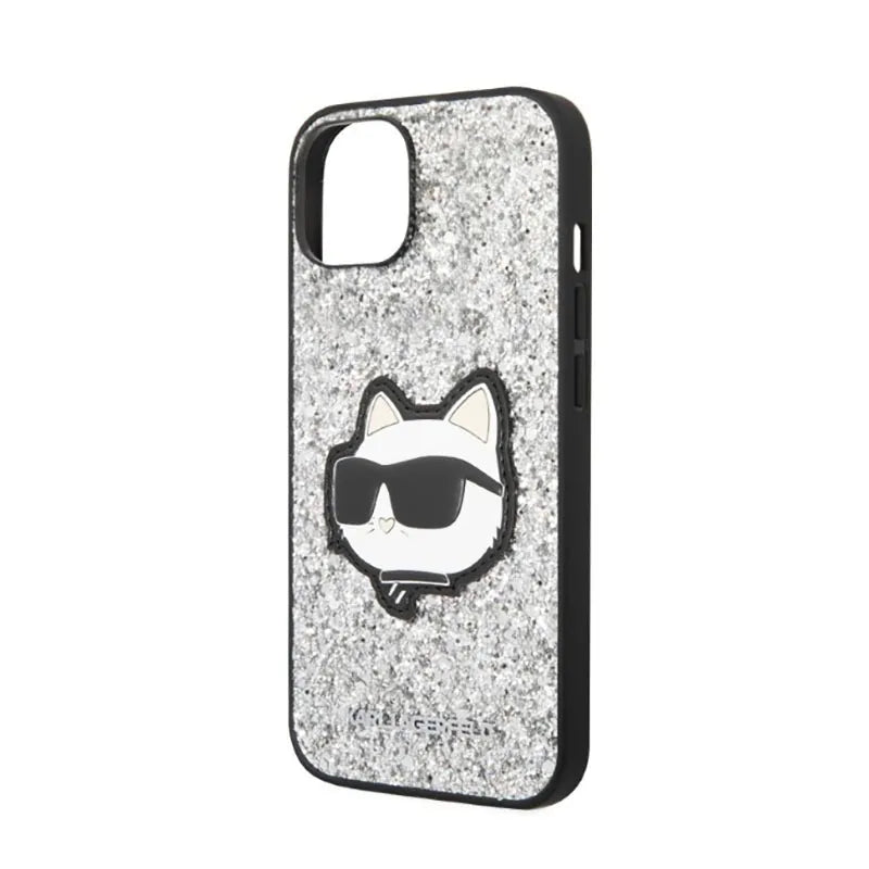Karl Lagerfeld NFT Glitter Choupette Patch – dėklas iPhone 14 Plus (sidabrinis)