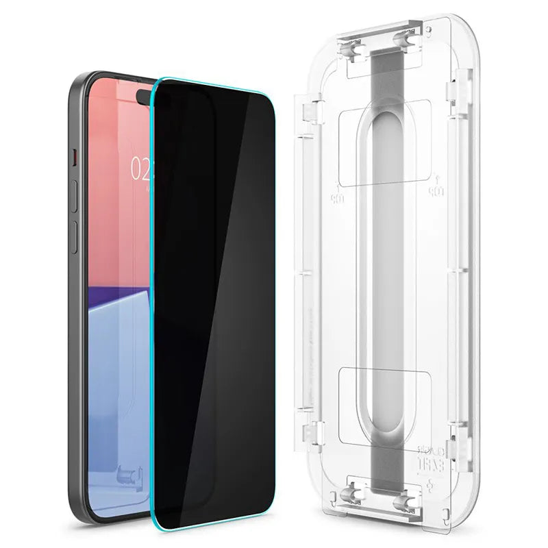 Spigen GLAS.TR EZ FIT Privacy 2-Pack – grūdintas stiklas su privatumo filtru, skirtas iPhone 15 / 16, 2 vnt.