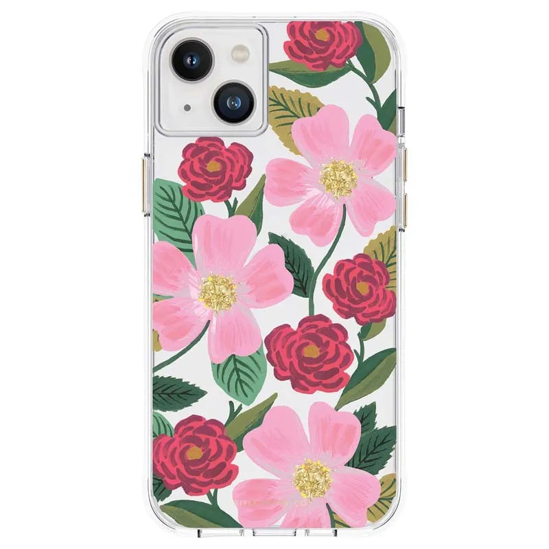 Rifle Paper Clear – auksu dekoruotas dėklas, skirtas iPhone 14 Plus (Rose Garden)