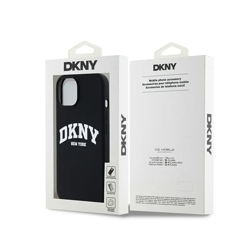 DKNY Liquid Silicone White Printed Logo MagSafe – dėklas iPhone 15 / 14 / 13 (juodas)