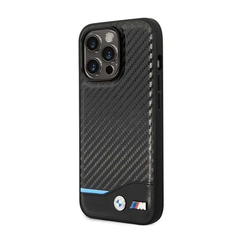 BMW Leather Carbon Blue Line – dėklas iPhone 13 Pro Max (juodas)