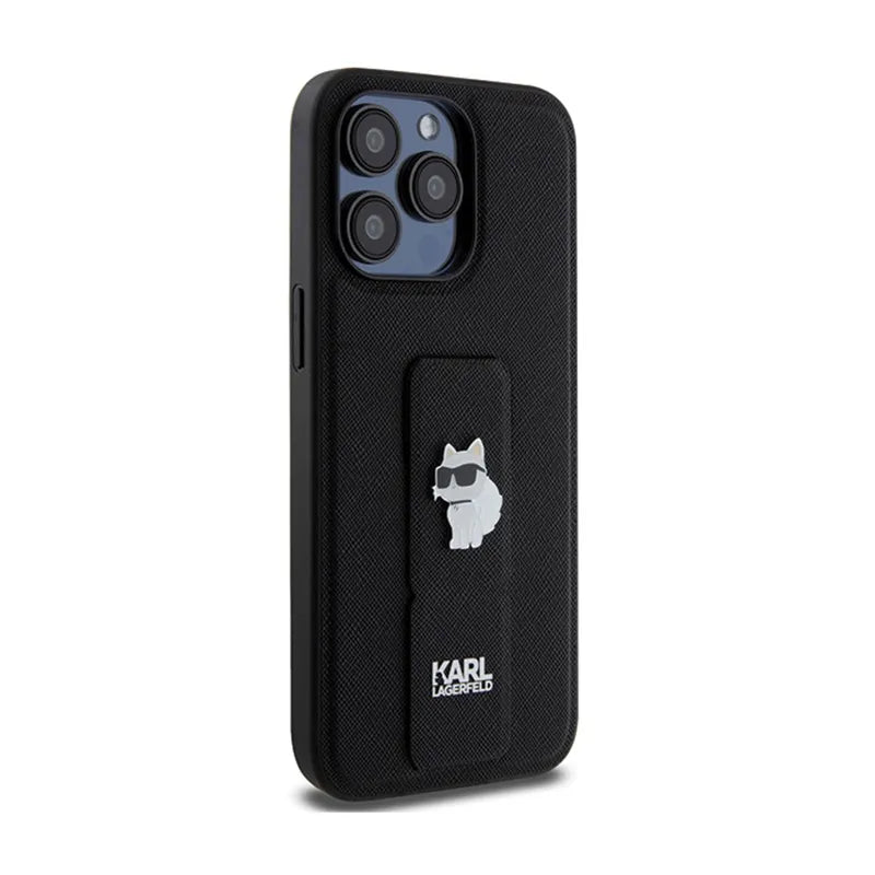 Karl Lagerfeld Gripstand Saffiano Choupette Pins – dėklas iPhone 13 Pro Max telefonui (juodas)