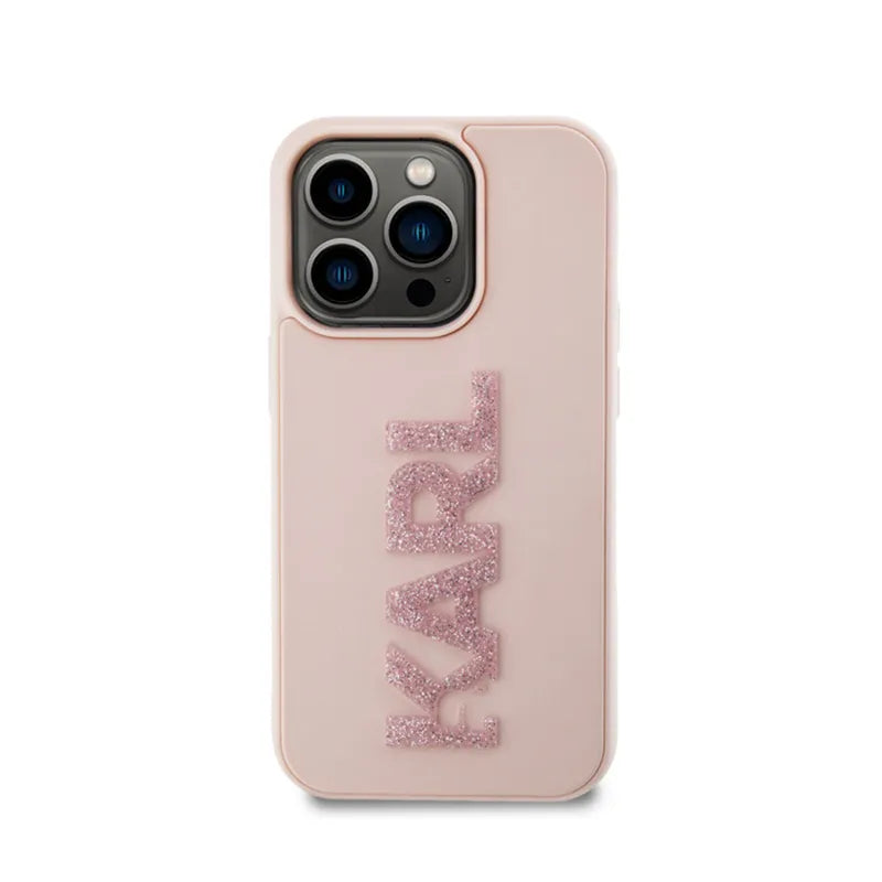 Karl Lagerfeld 3D Rubber Glitter Logo – dėklas iPhone 15 Pro Max (rožinis)