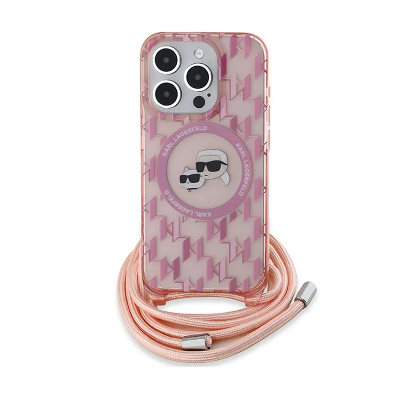 Karl Lagerfeld IML Crossbody Monogram Karl & Choupette Head MagSafe – Dėklas, skirtas iPhone 15 Pro Max (Rožinis)