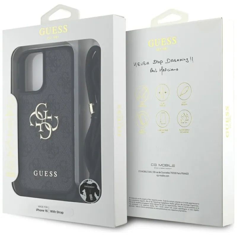 Guess 4G Big Logo Cord Strap Crossbody – dėklas skirtas iPhone 16 (juodas)