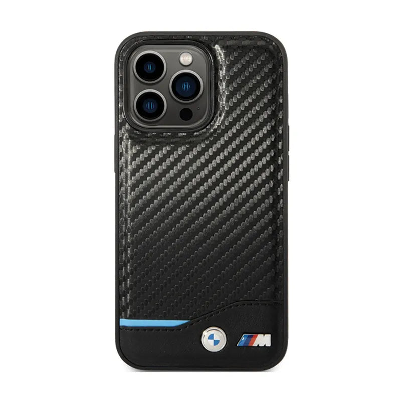 BMW Leather Carbon Blue Line – dėklas iPhone 13 Pro Max (juodas)