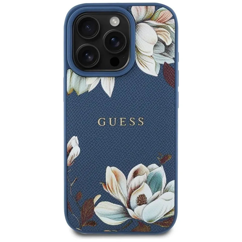 Guess Grained Printed Flower Pattern MagSafe – dėklas iPhone 16 Pro (mėlynas)