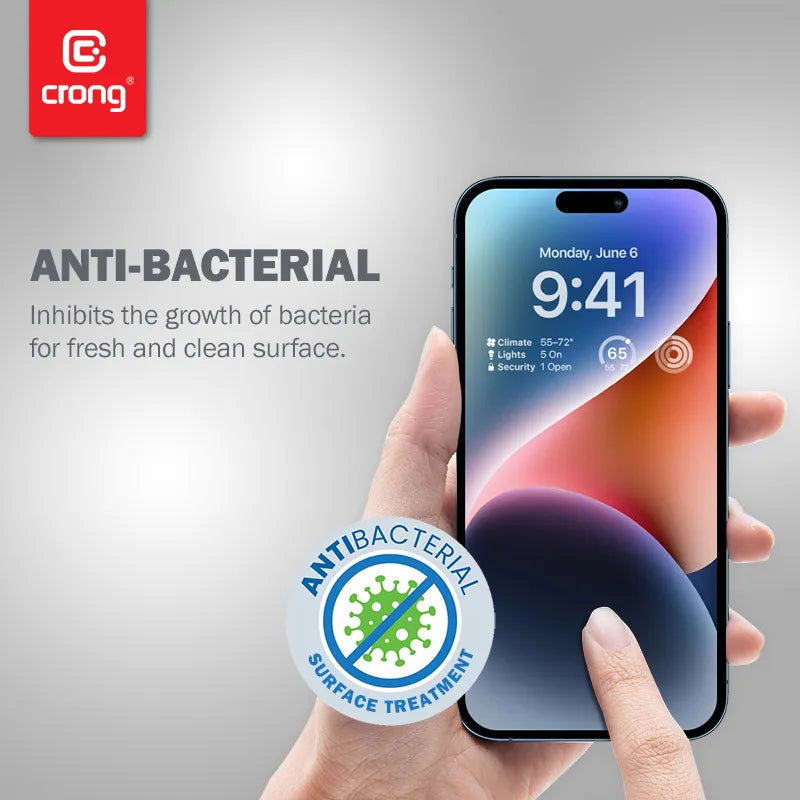 Crong antibakterinis 3D Armor Glass – 9H grūdintas stiklas visam iPhone 14 Pro ekranui + montavimo rėmelis