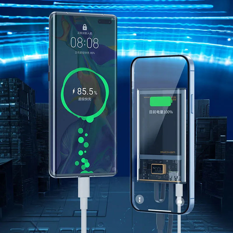 WEKOME WP-325 Vanguard Series – Išorinė baterija 20000 mAh su sparčiuoju įkrovimu, integruotais USB-C ir Lightning laidais, PD 20W + QC 22.5W (juoda / skaidri)